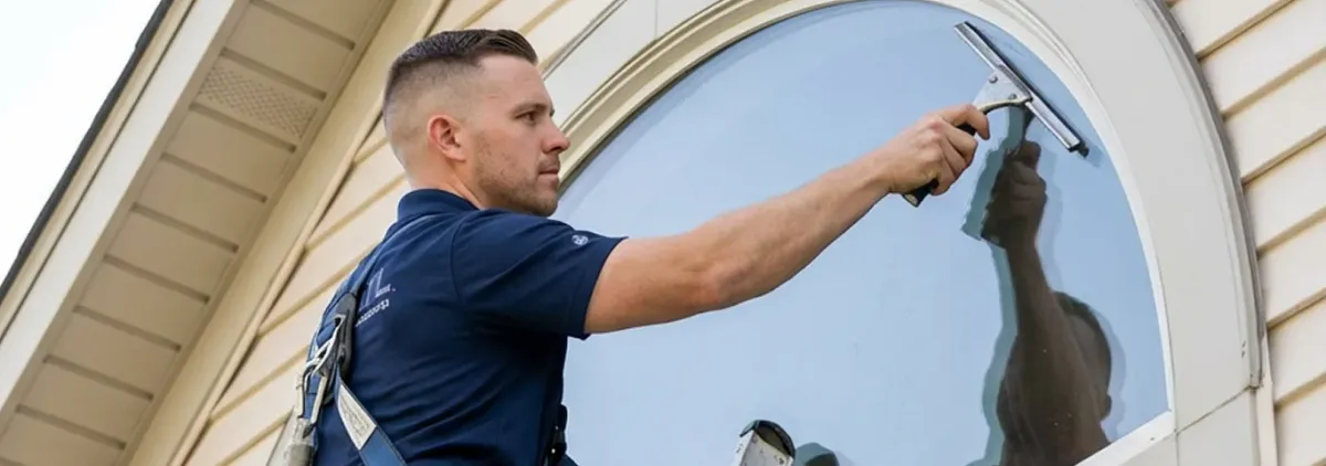 Professional window cleaner using a squeegee to clean an exterior arched window on a home, Tallahassee, FL.